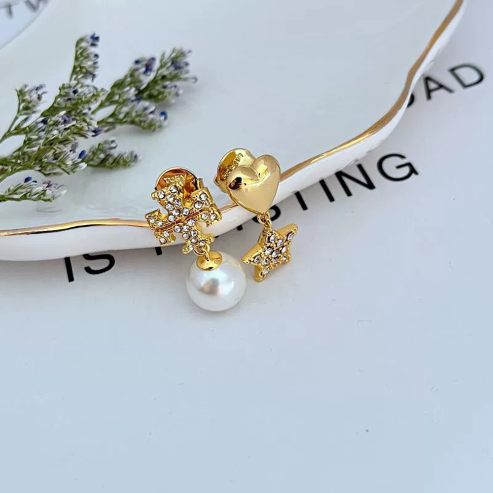 Tory Burch Rhinestone Heart Star Letter Asymmetric Earrings
